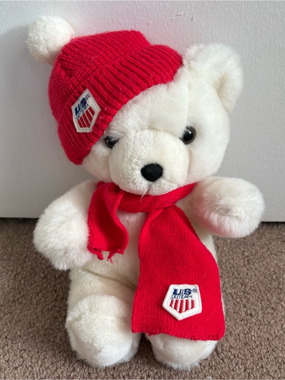 Commonwealth White Plush Teddy Bear w/ Red US Ski Team Hat & Scarf Vintage 1986